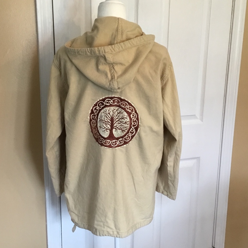 Gypsy Rose Tan Cotton Hoodie with Embroidered Tree of Life